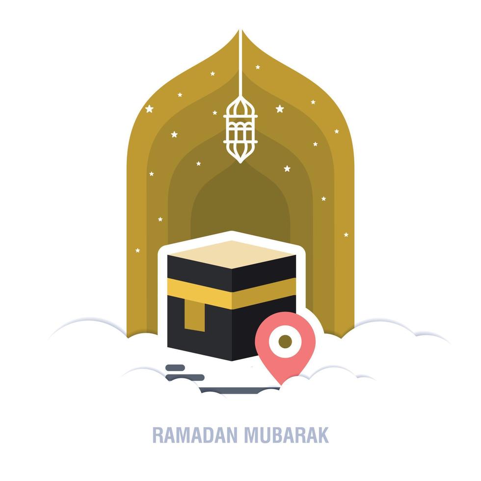 Ramadan Kareem islamic design crescent moon and mosque dome silhouette with arabic pattern and calli vector