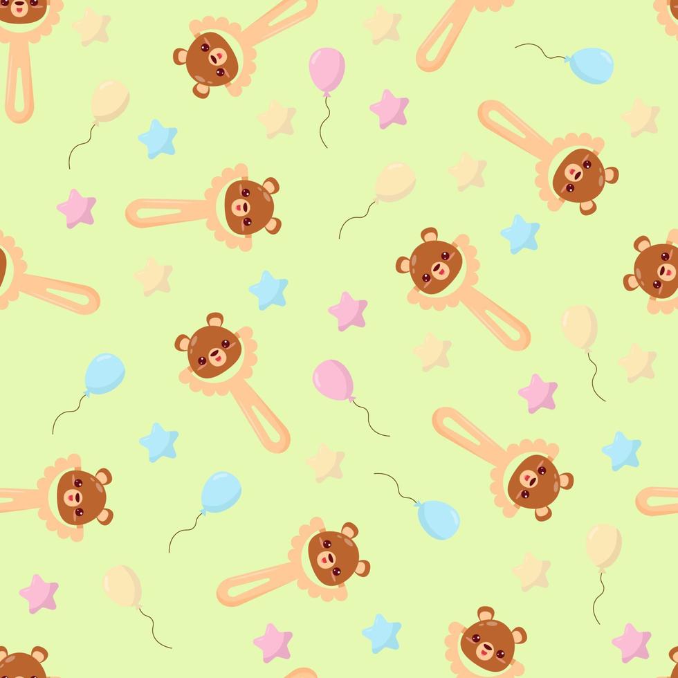 Seamless pattern with baby bear rattle. Children's pattern on textiles. Gentle children's  green  background vector