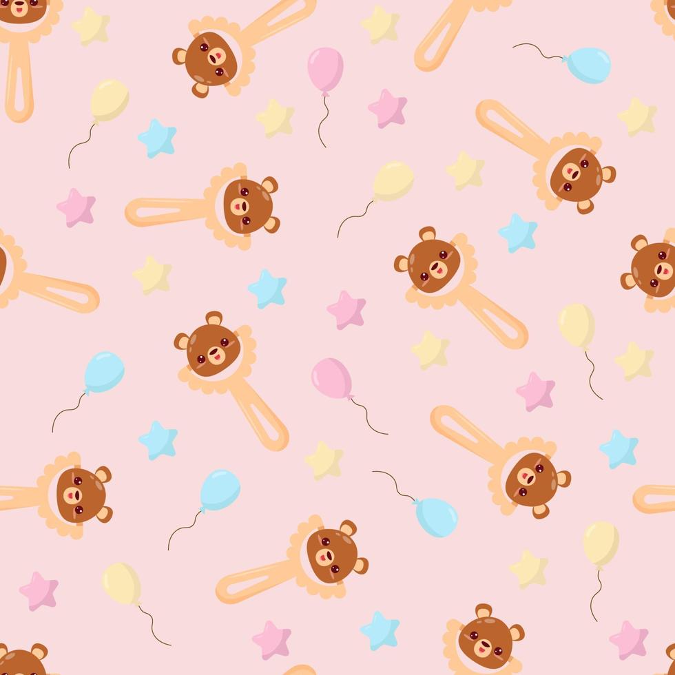 Seamless pattern with baby bear rattle. Children's pattern on textiles. Gentle children's  pink  background vector