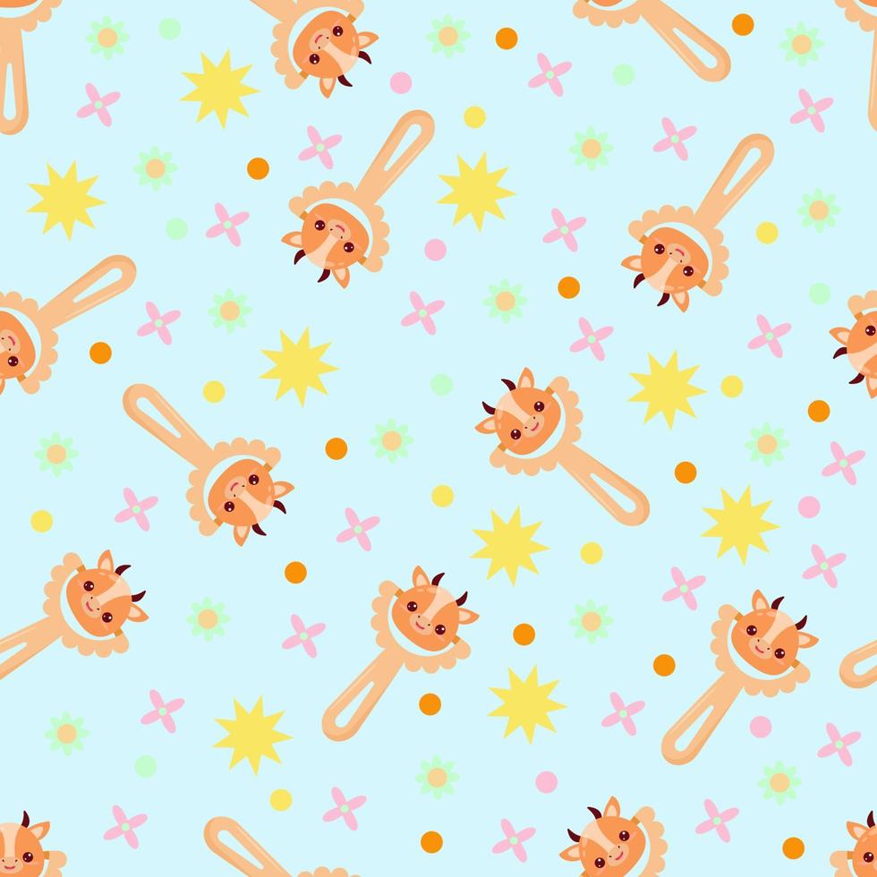 Seamless pattern with baby cow rattle. Children's pattern on textiles. Gentle children's  blue background vector