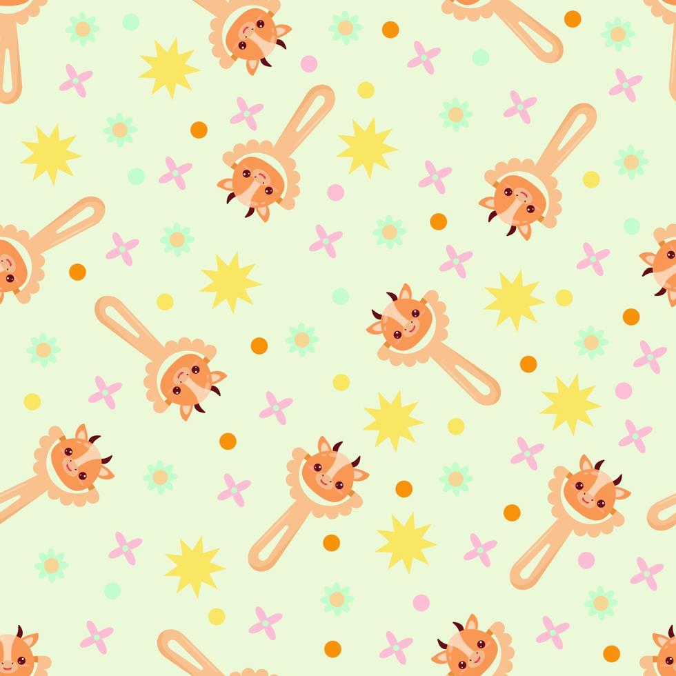 Seamless pattern with baby cow rattle. Children's pattern on textiles. Gentle children's  yellow background vector