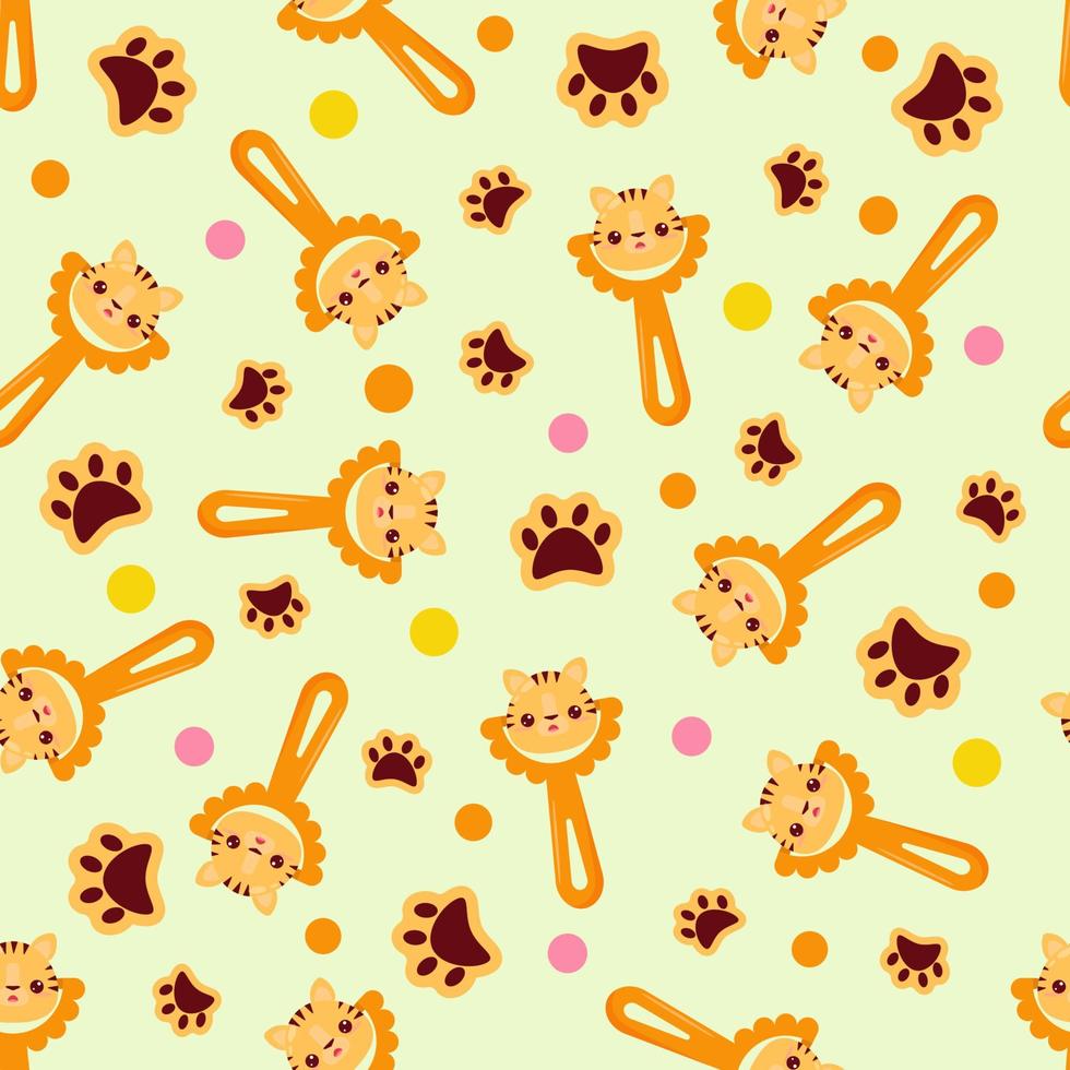 patrón sin costuras con sonajero de tigre bebé. patrón infantil en textiles. fondo amarillo suave para niños vector