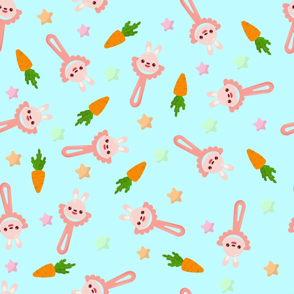 Seamless pattern with baby bunny rattle. Children's pattern on textiles. Gentle children's  blue   background vector