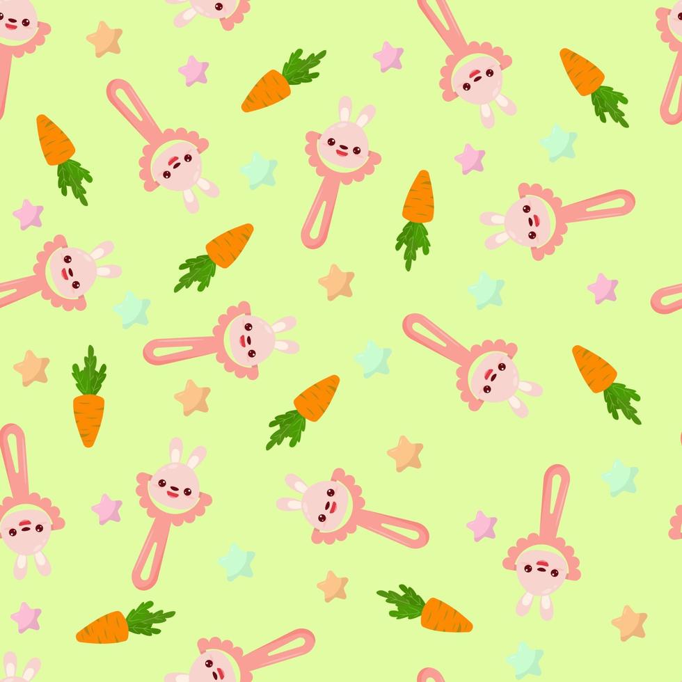 Seamless pattern with baby bunny rattle. Children's pattern on textiles. Gentle children's  green   background vector