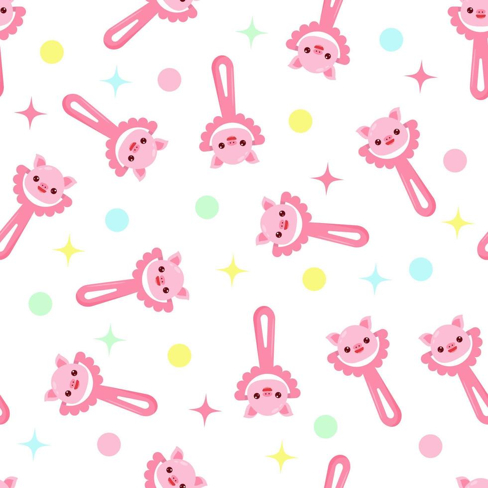 Seamless pattern with baby pig rattle. Children's pattern on textiles. Gentle children's  white   background vector