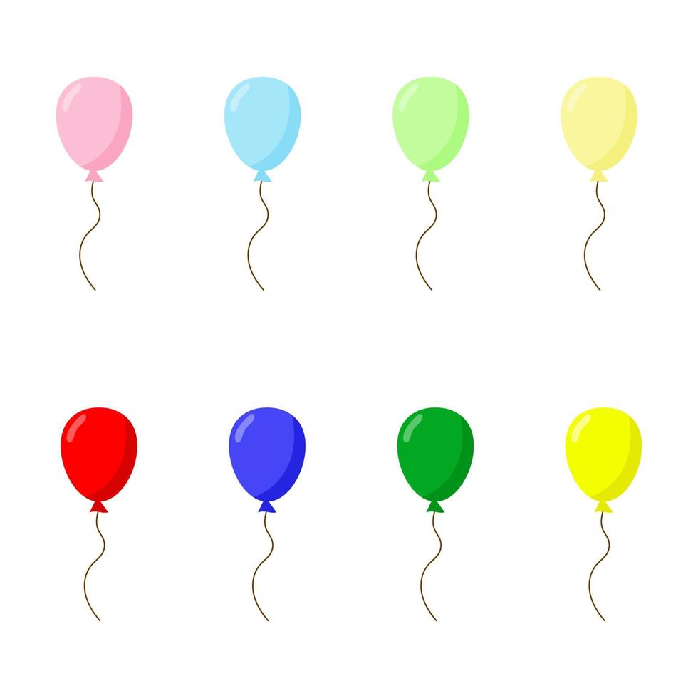 globo en estilo de dibujos animados. manojo de globos para cumpleaños y fiesta. globo volador con cuerda. bola azul, roja, amarilla y verde aislada sobre fondo blanco. vector