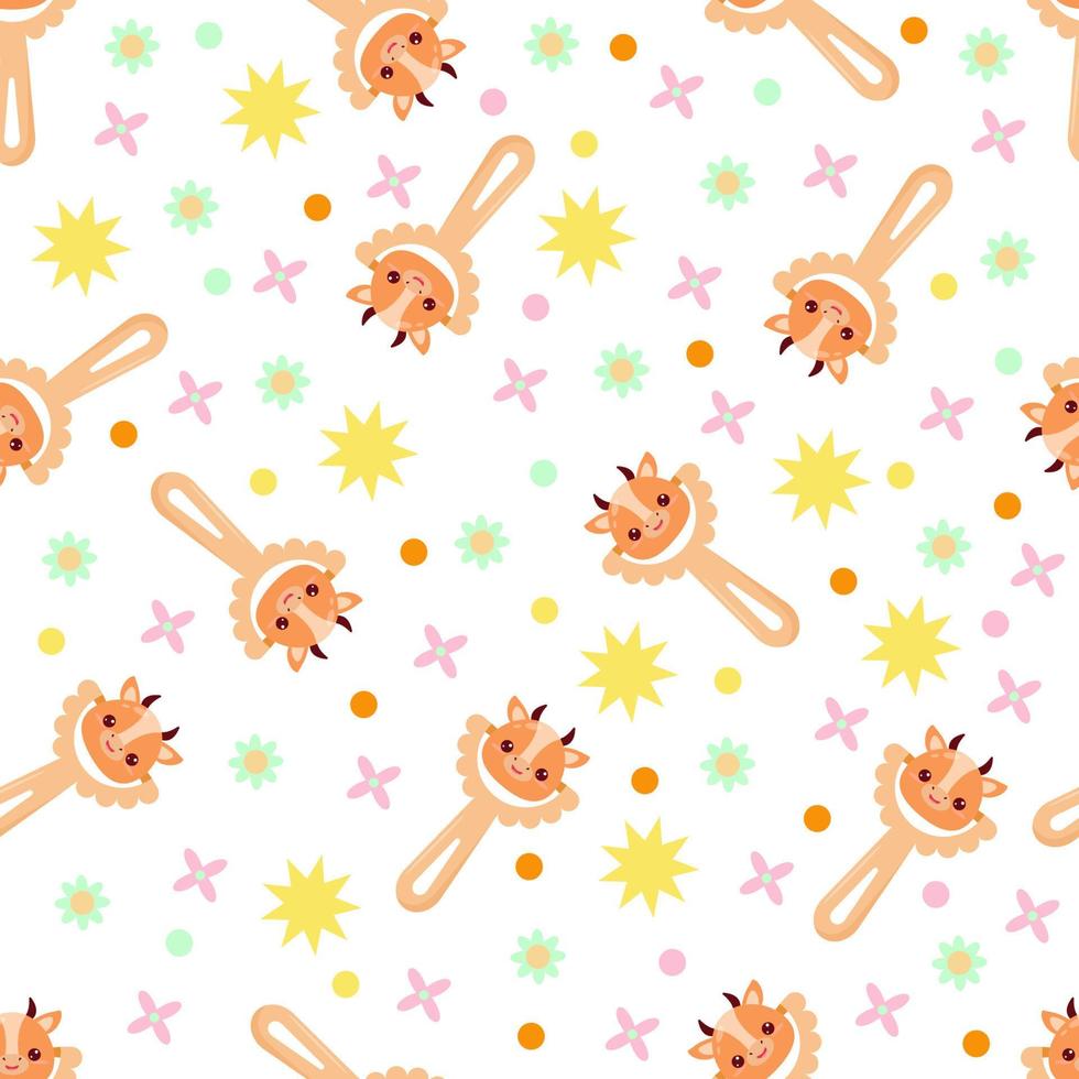 Seamless pattern with baby cow rattle. Children's pattern on textiles. Gentle children's  white background vector