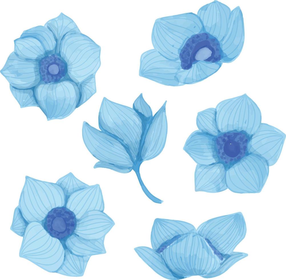 Set of Watercolor flower, Blue flora clipart vector