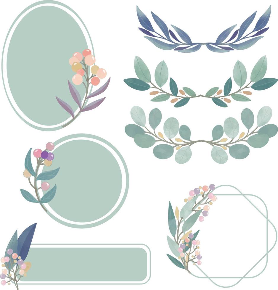 Watercolor Flower and Leaf Frame, Green leaves clipart vector