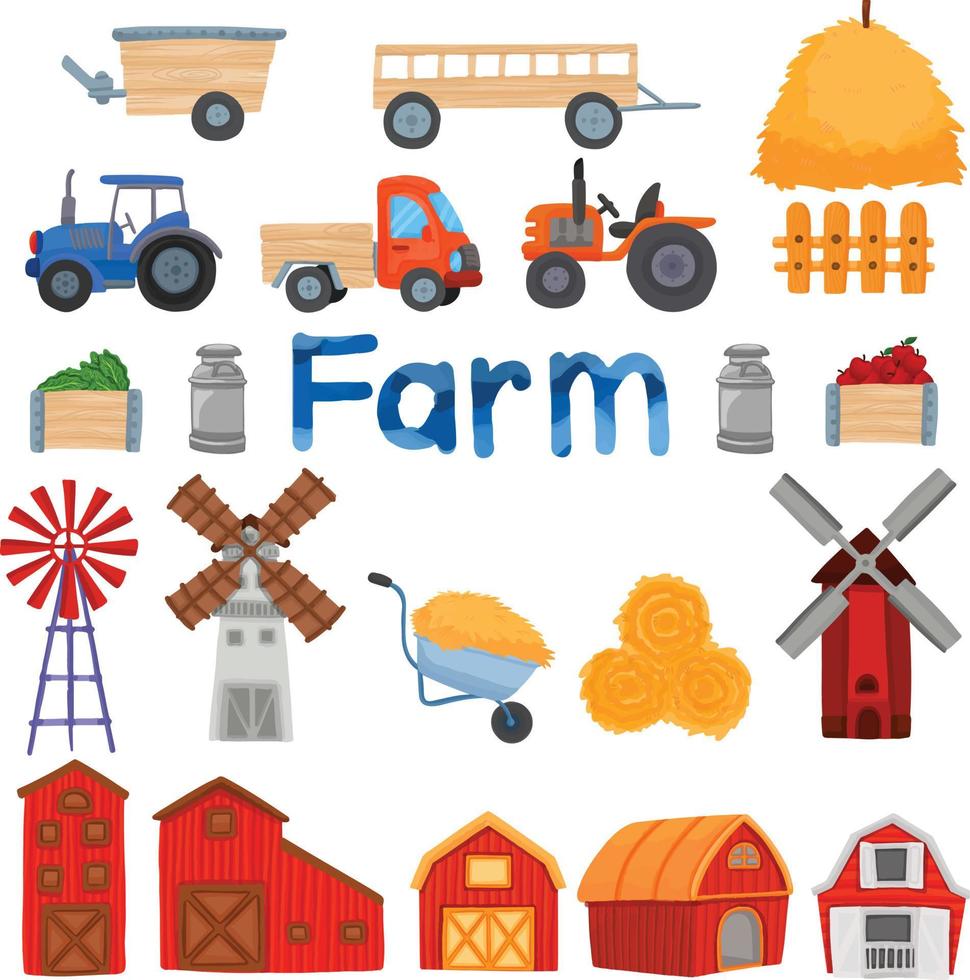 Set of Watercolor Agriculture Farm, Tools clipart vector