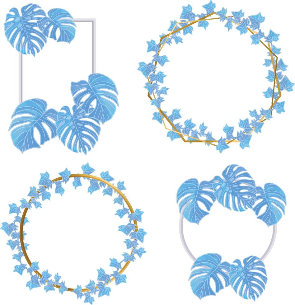 Set of Watercolor Leaf and Flower Frame, Blue leaves clipart vector