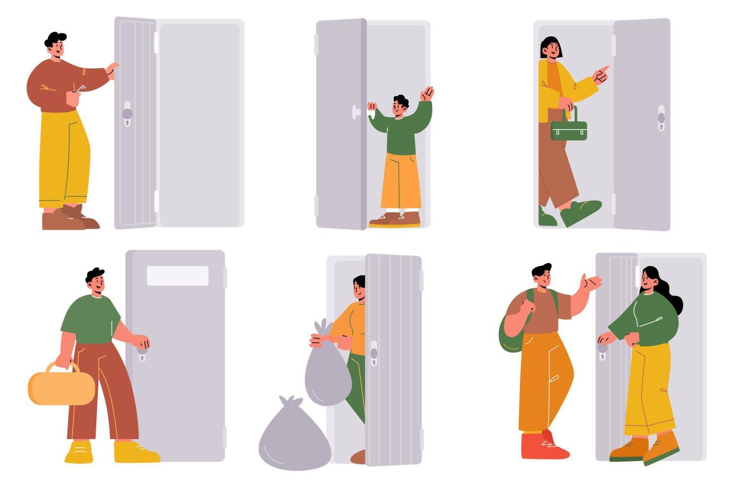 People open and close doors, characters at doorway vector