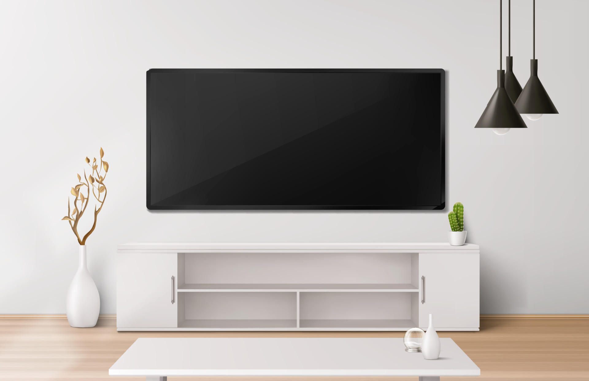 Living room with wide lcd tv screen 13515128 Vector Art at Vecteezy