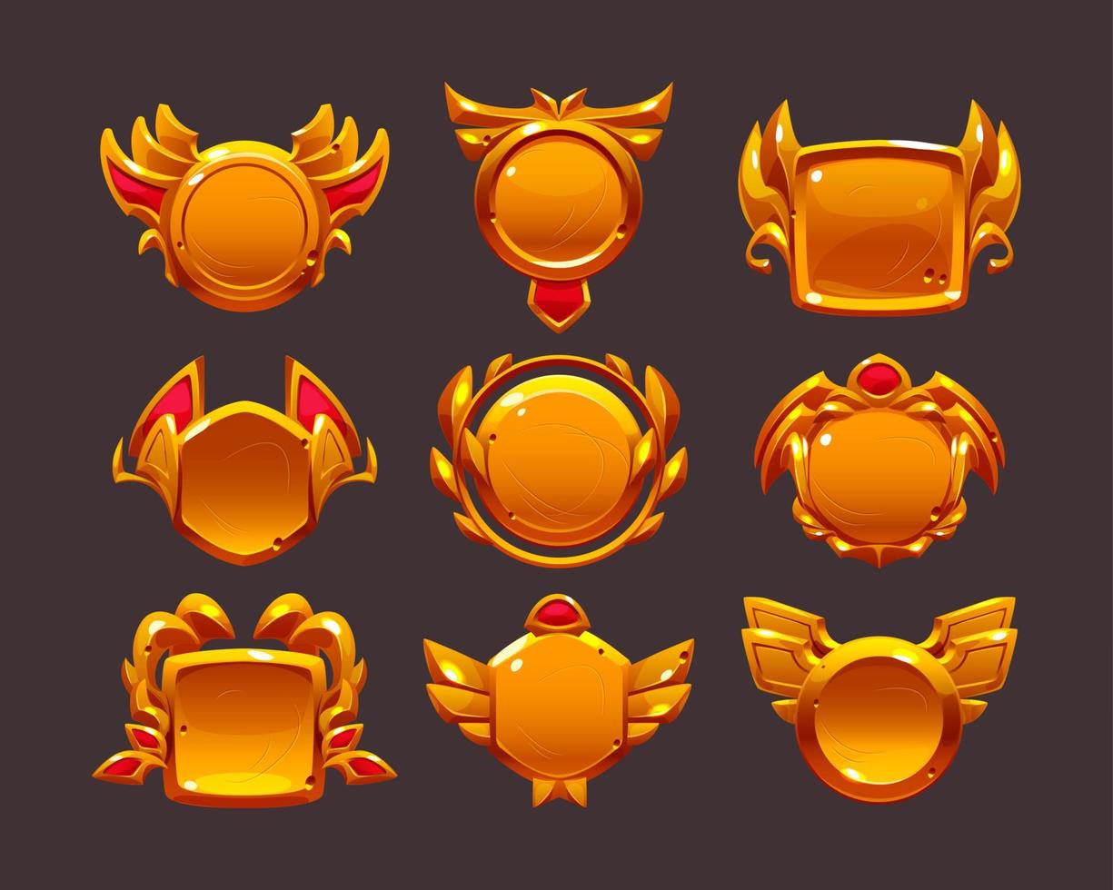 Golden game award badges, level icons, gold frames vector