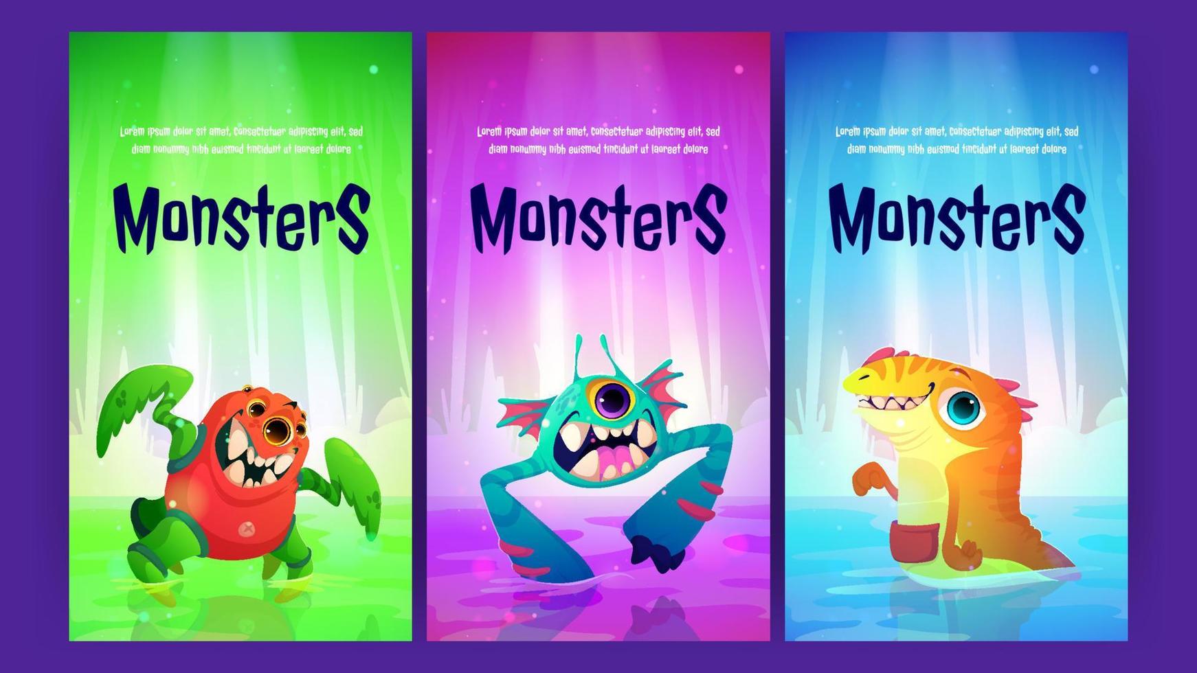 Cartoon posters with cute monsters, invitation vector