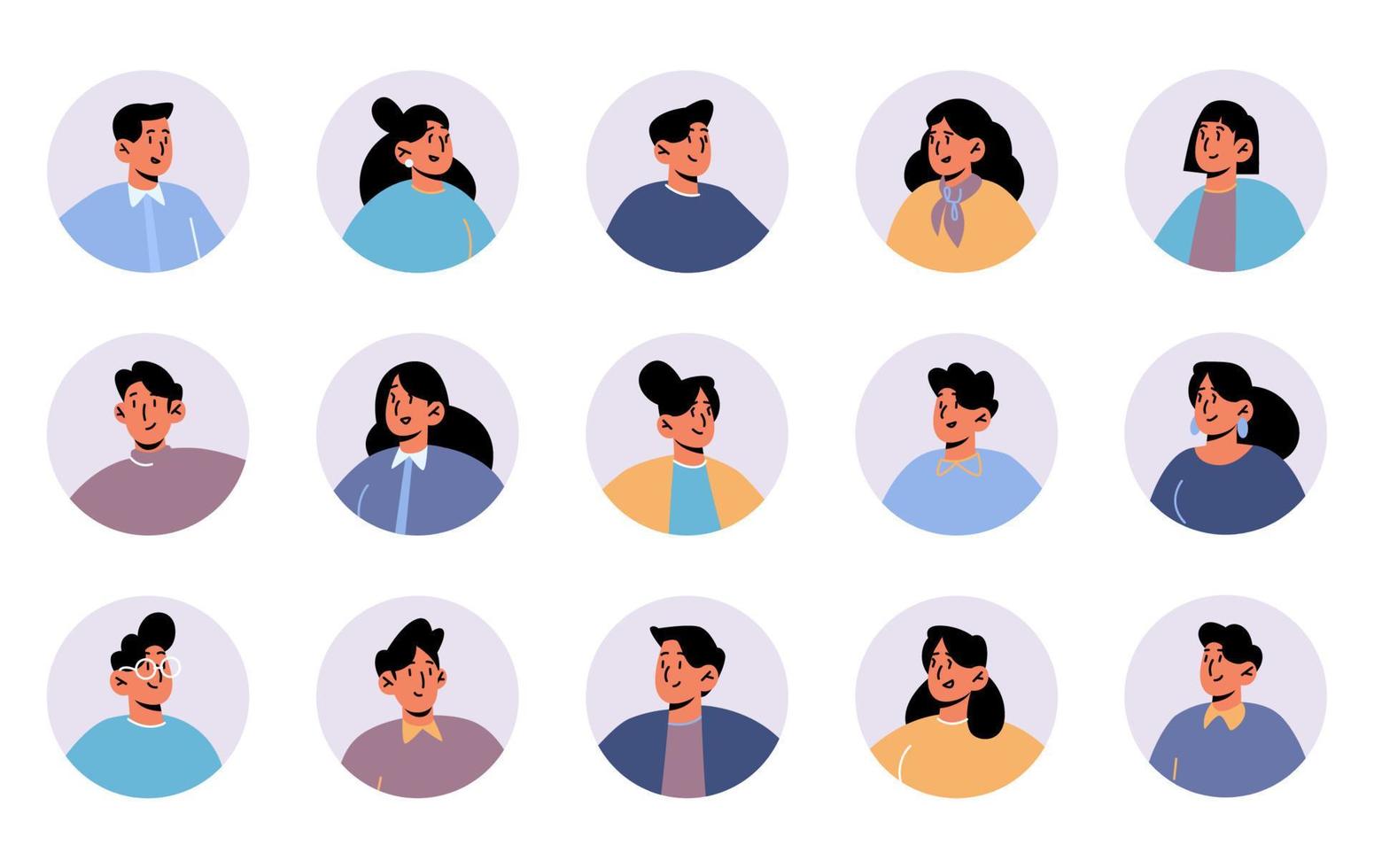 People avatars, round icons with characters faces vector