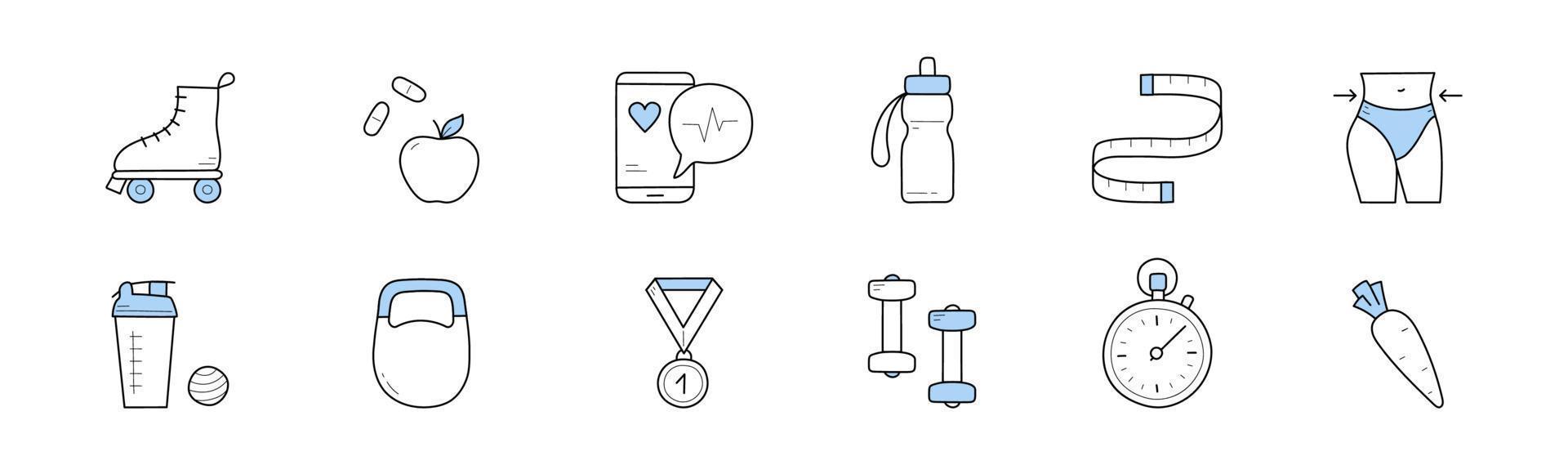 Fitness, healthy lifestyle doodle icons, vector
