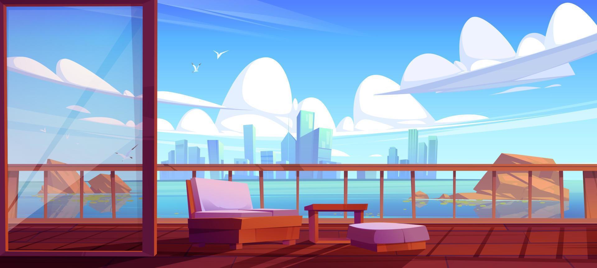 City skyline view from wooden terrace home veranda vector