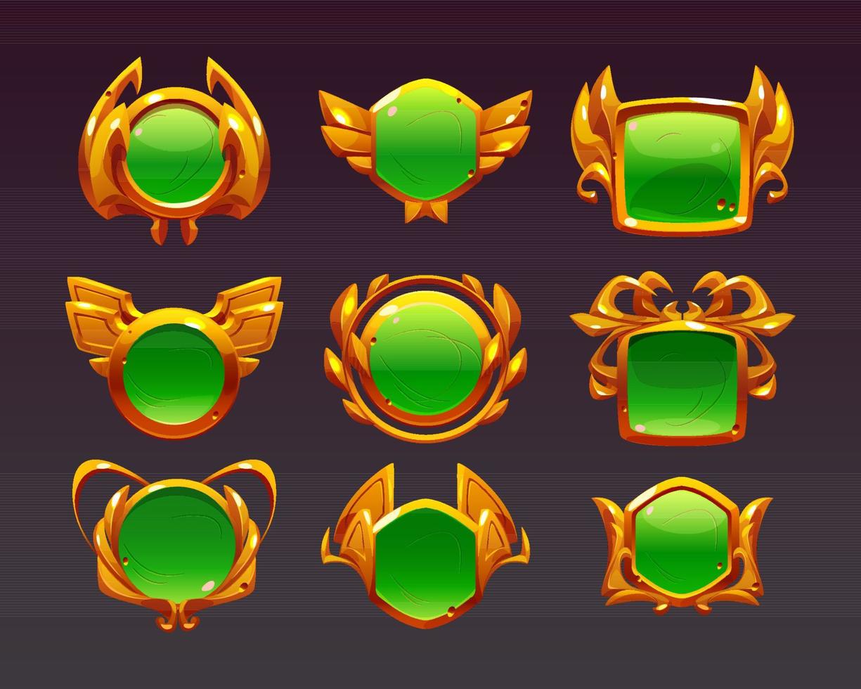 iconos de interfaz de usuario dorados de nivel de juego, botones, insignias vacías vector