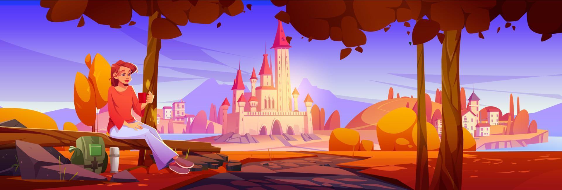 Woman relax at scenery fall landscape with castle vector