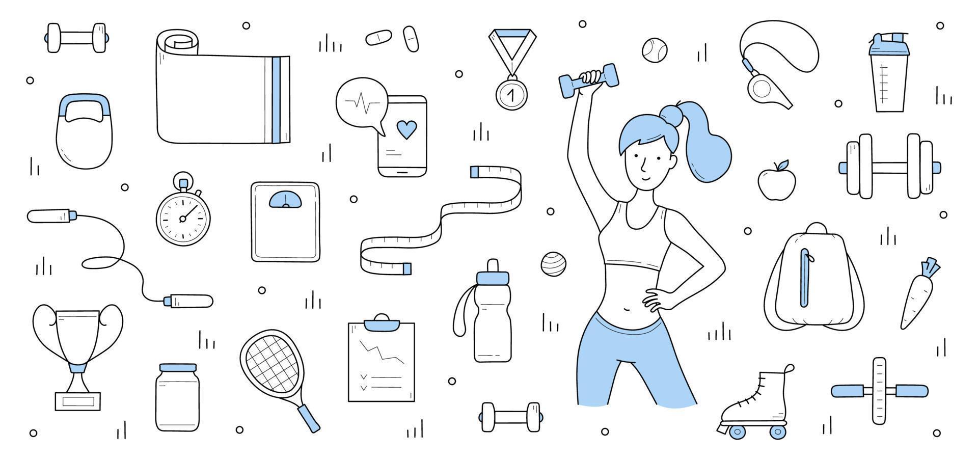 fitness, estilo de vida saludable deporte doodle fondo vector