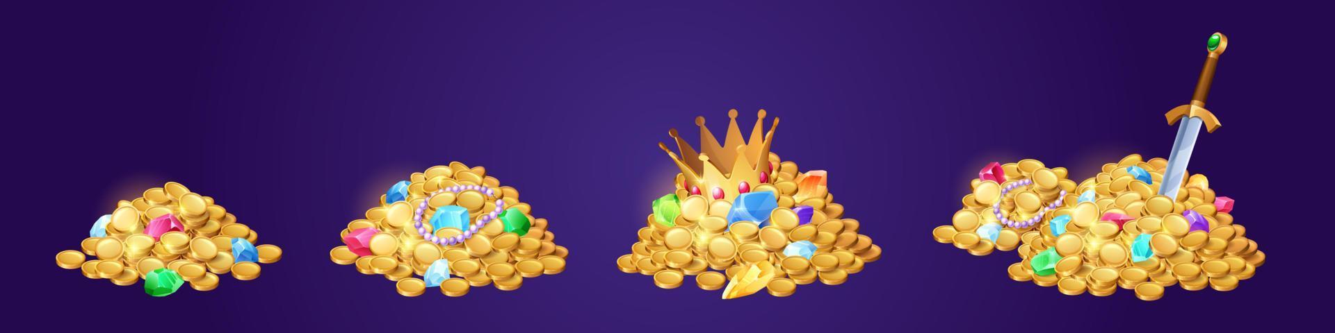 Gold coins heaps with gems and jewelry vector