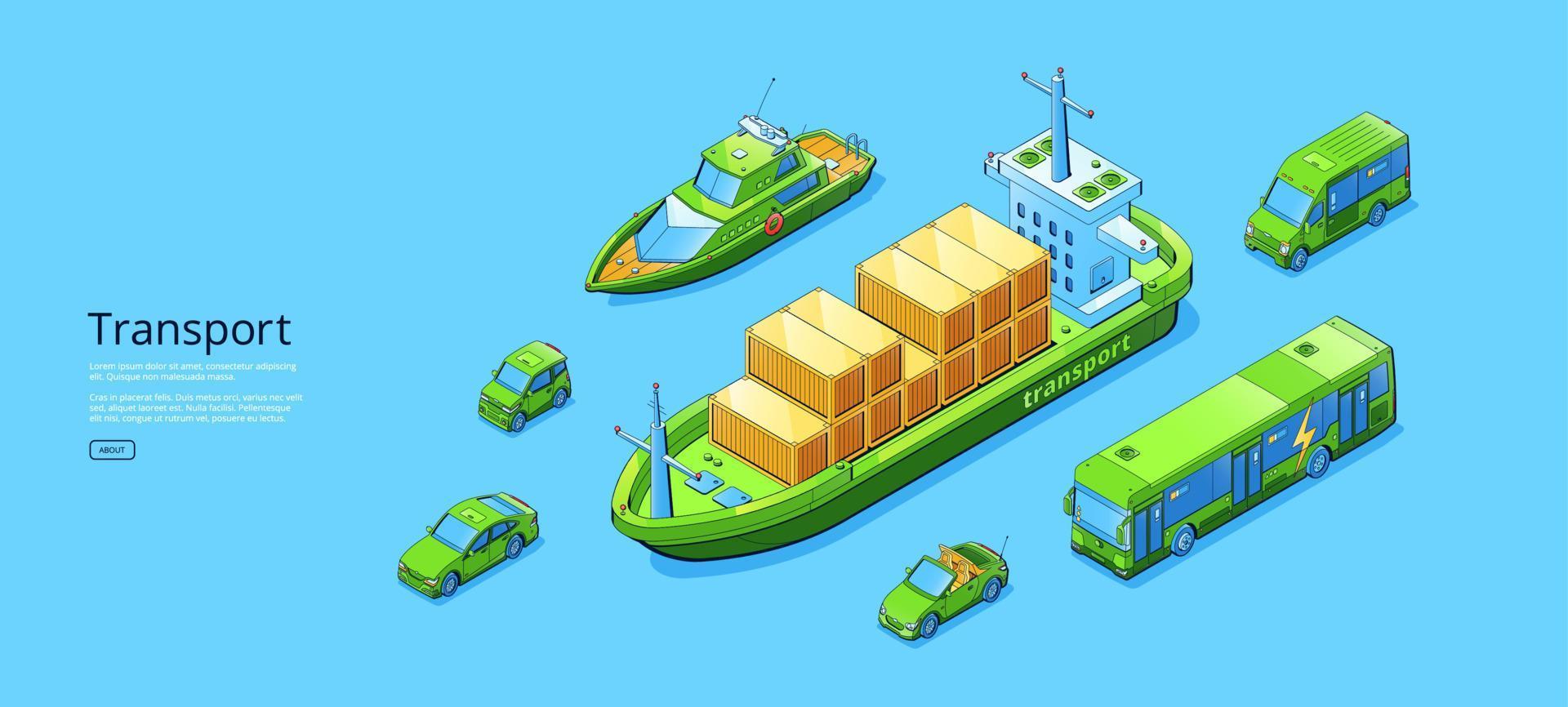 Transport isometric web banner with ship, car, van vector