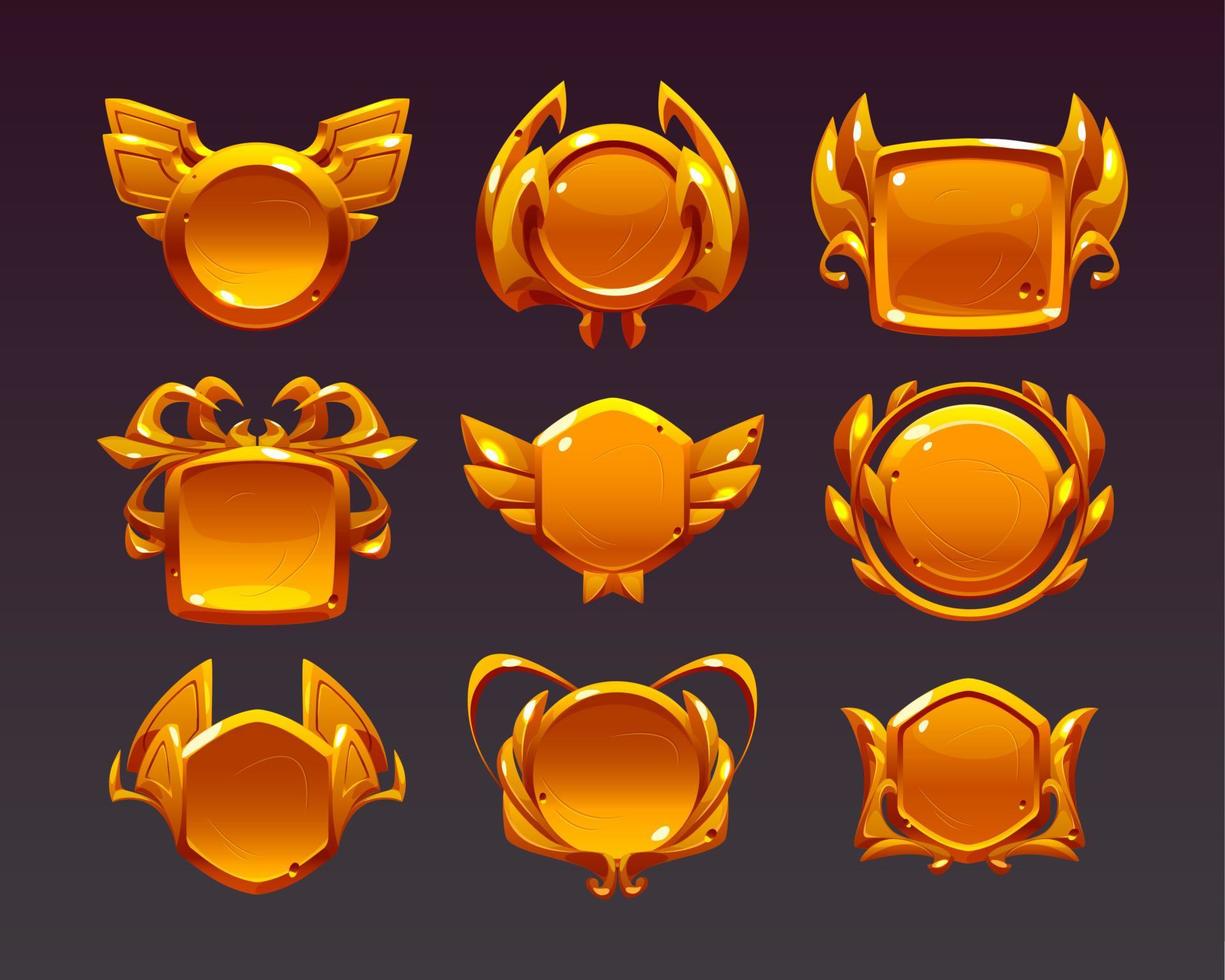 Golden award badges, game medals for win vector