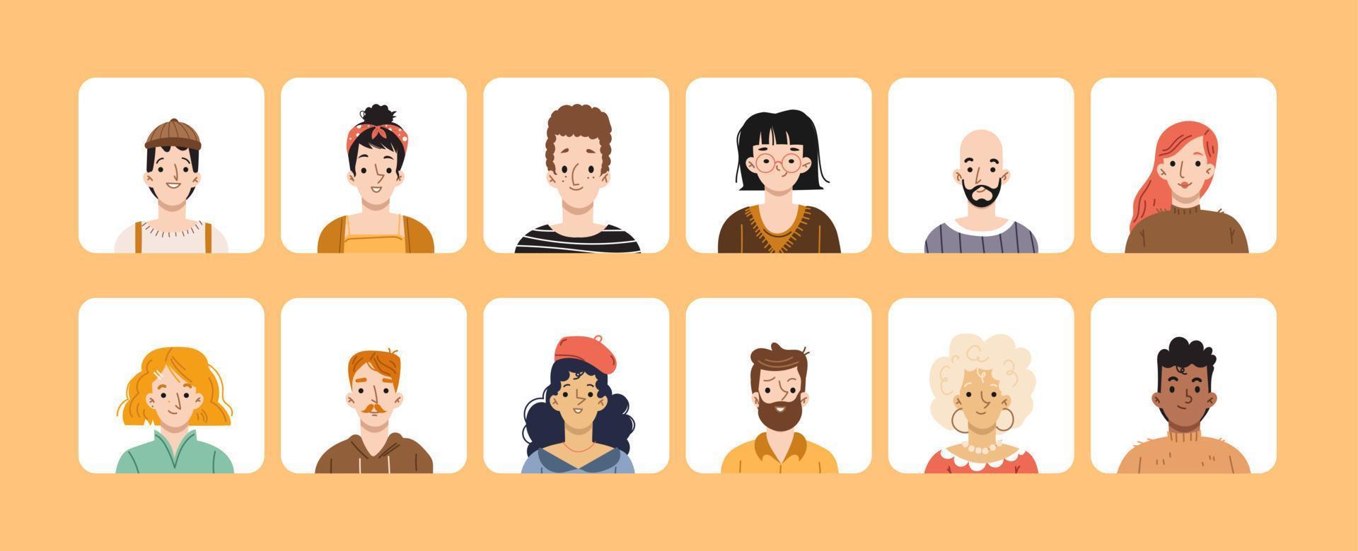 avatares de personas, iconos cuadrados, conjunto de caras diferentes vector