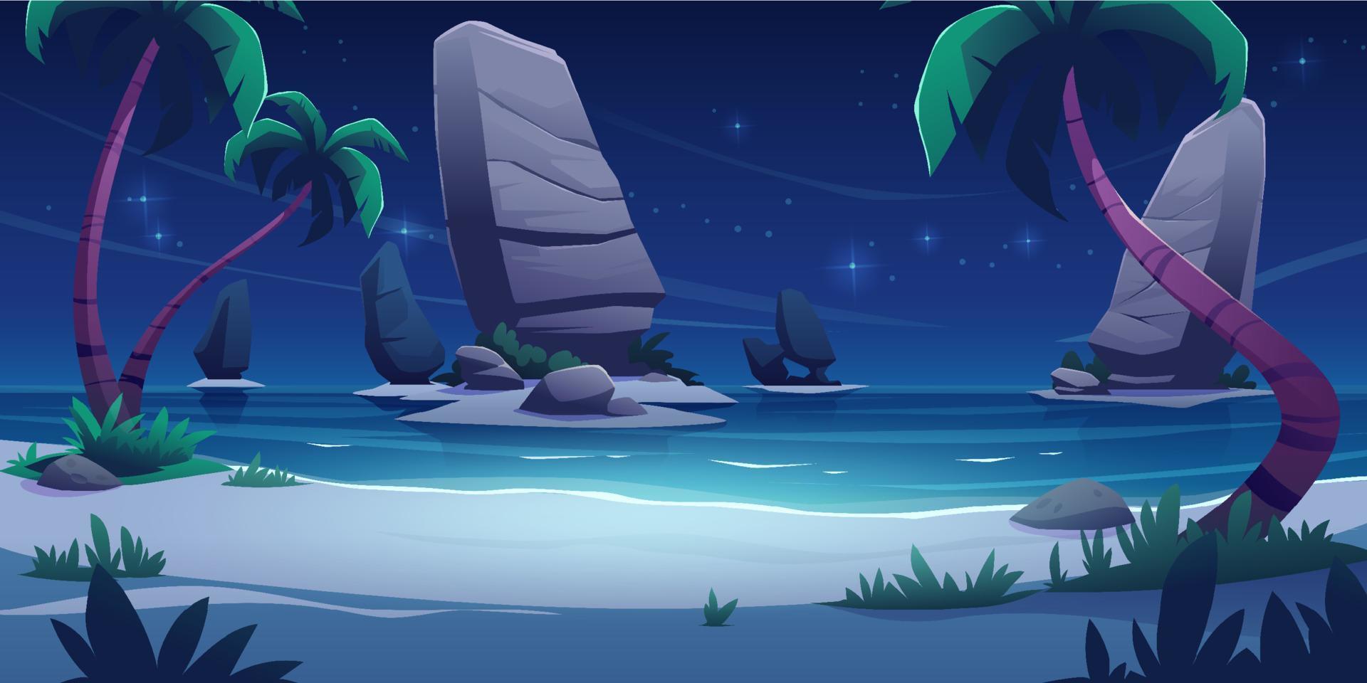 Ocean beach with palm trees and rocks at night vector