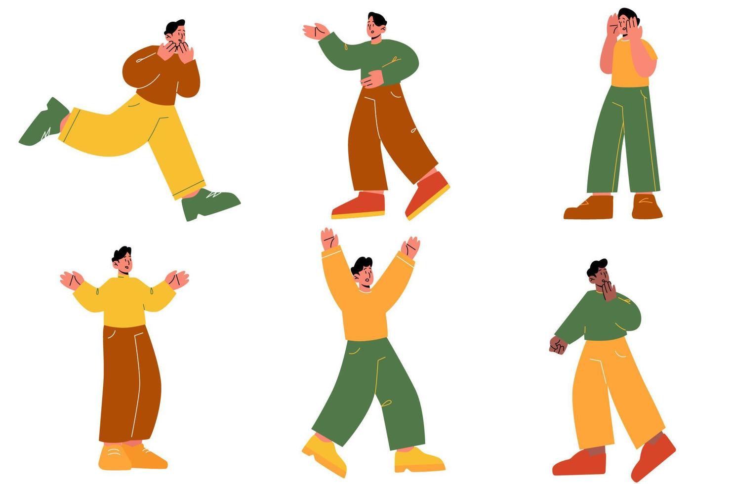 Startled man scream, scared male character run vector