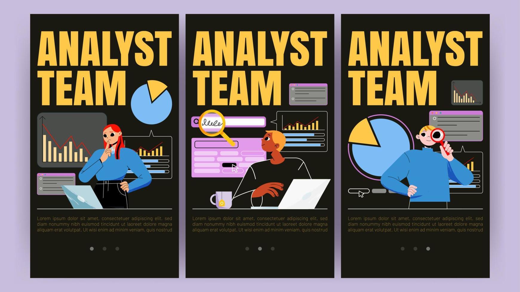 Analysts team mobile app onboard screen pages vector