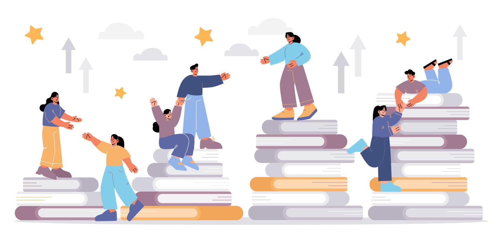 People stand on book piles help friends to climb vector