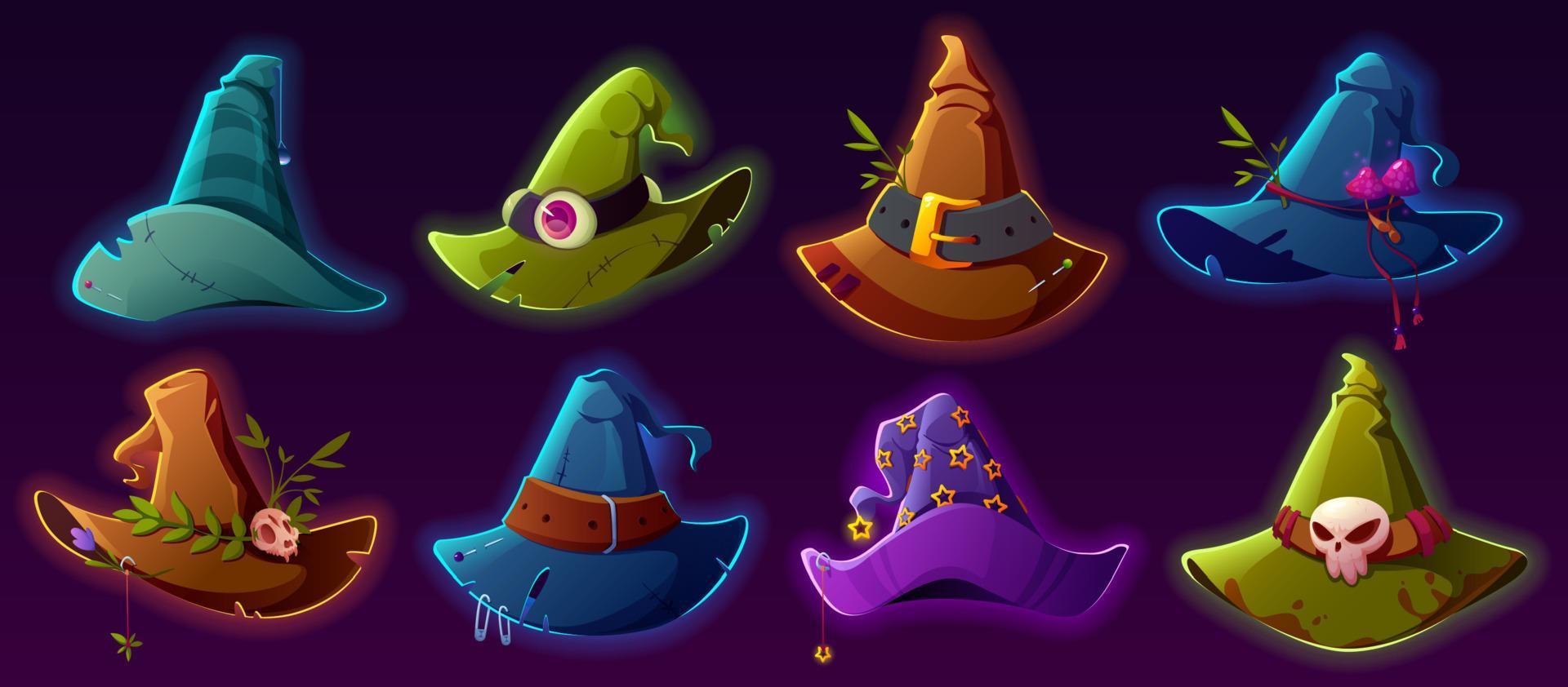 Witch hats cartoon vector set, wizard headwear,