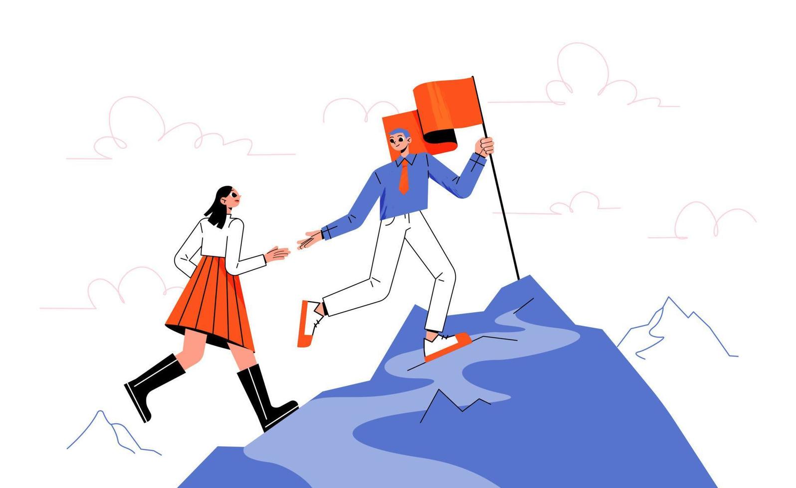 Man and woman colleagues climb on mountain peak vector