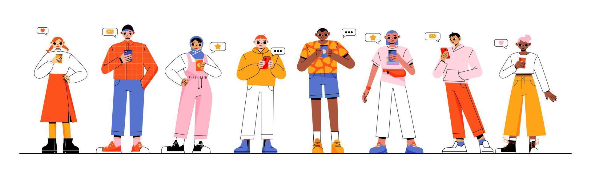 People talk by smartphones, characters communicate vector
