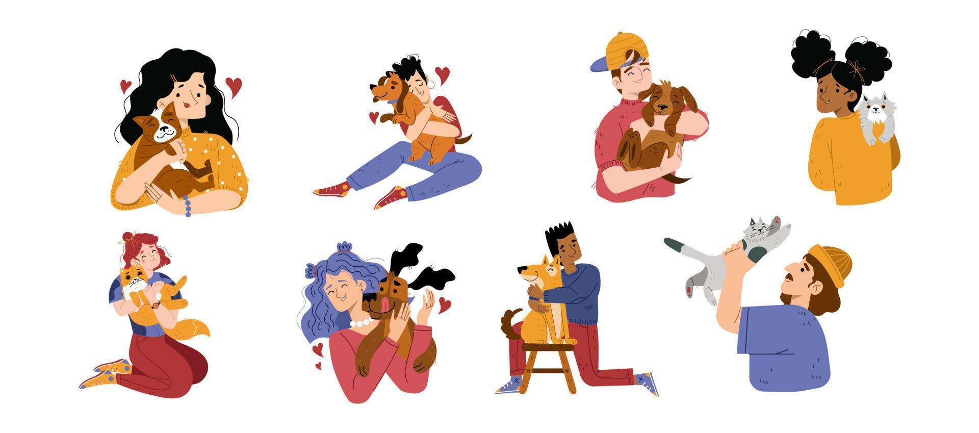 Pet owners hug dogs and cats vector