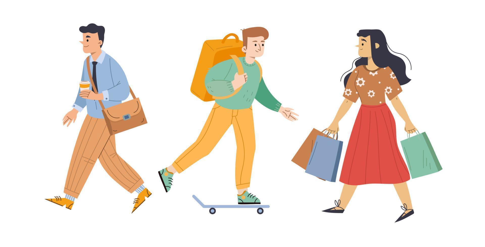 Diverse passerby people walk on city street vector