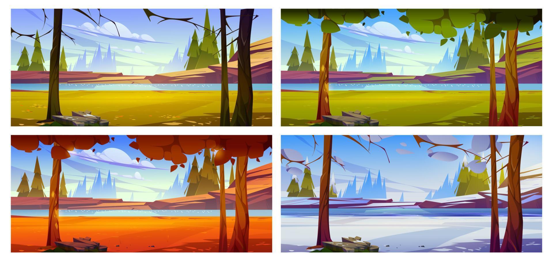 Cartoon nature landscape trees, rocks and river vector
