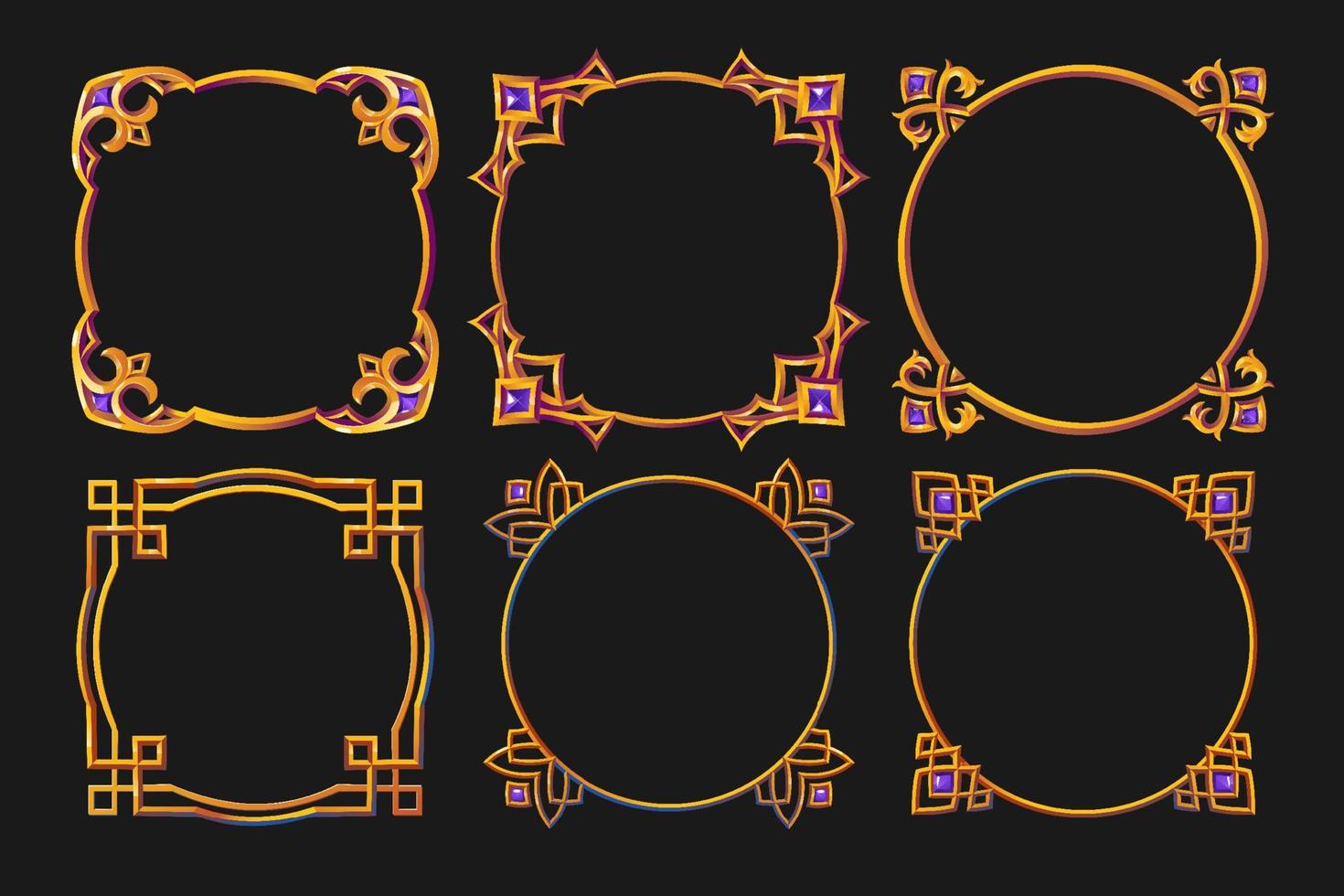 Set of golden frames, square and round borders vector