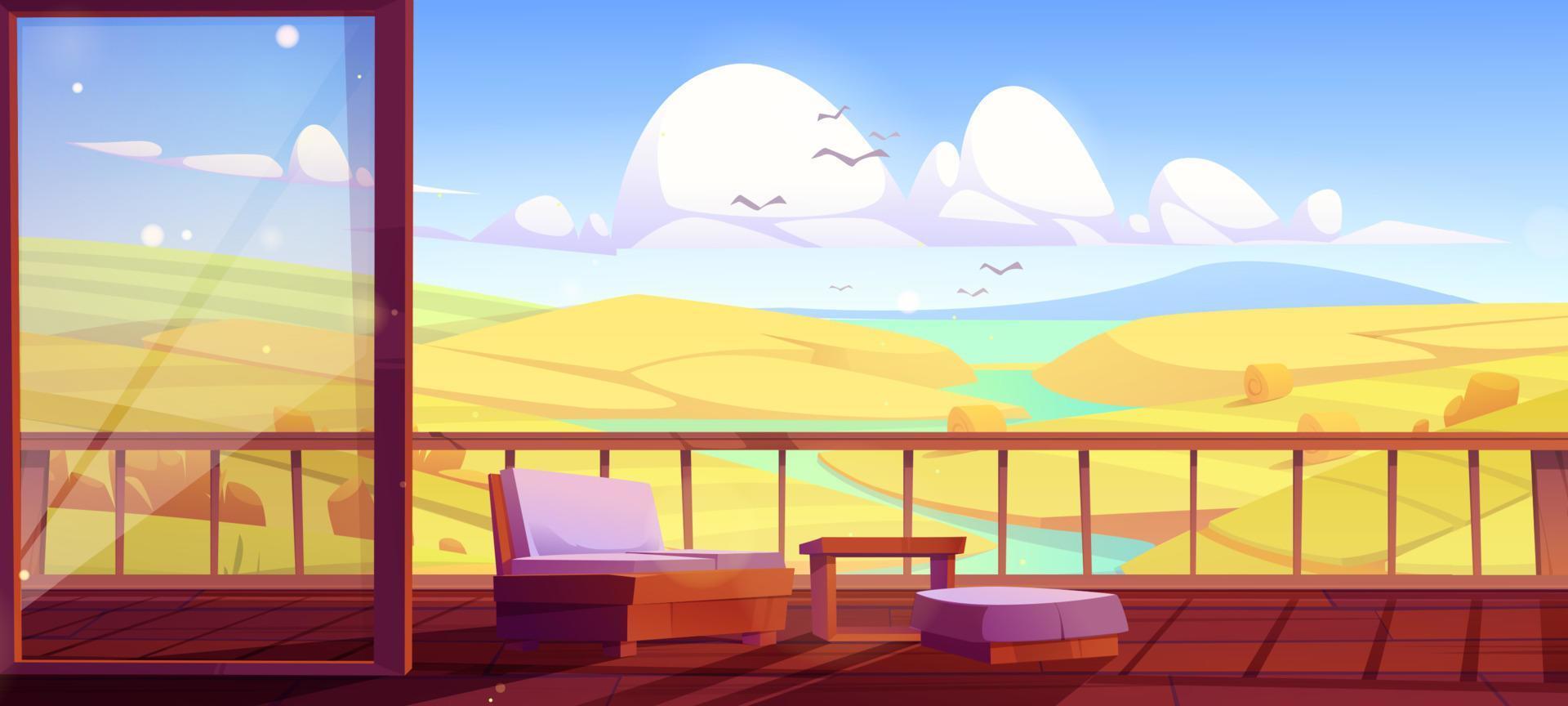 Wooden house terrace with autumn countryside view vector