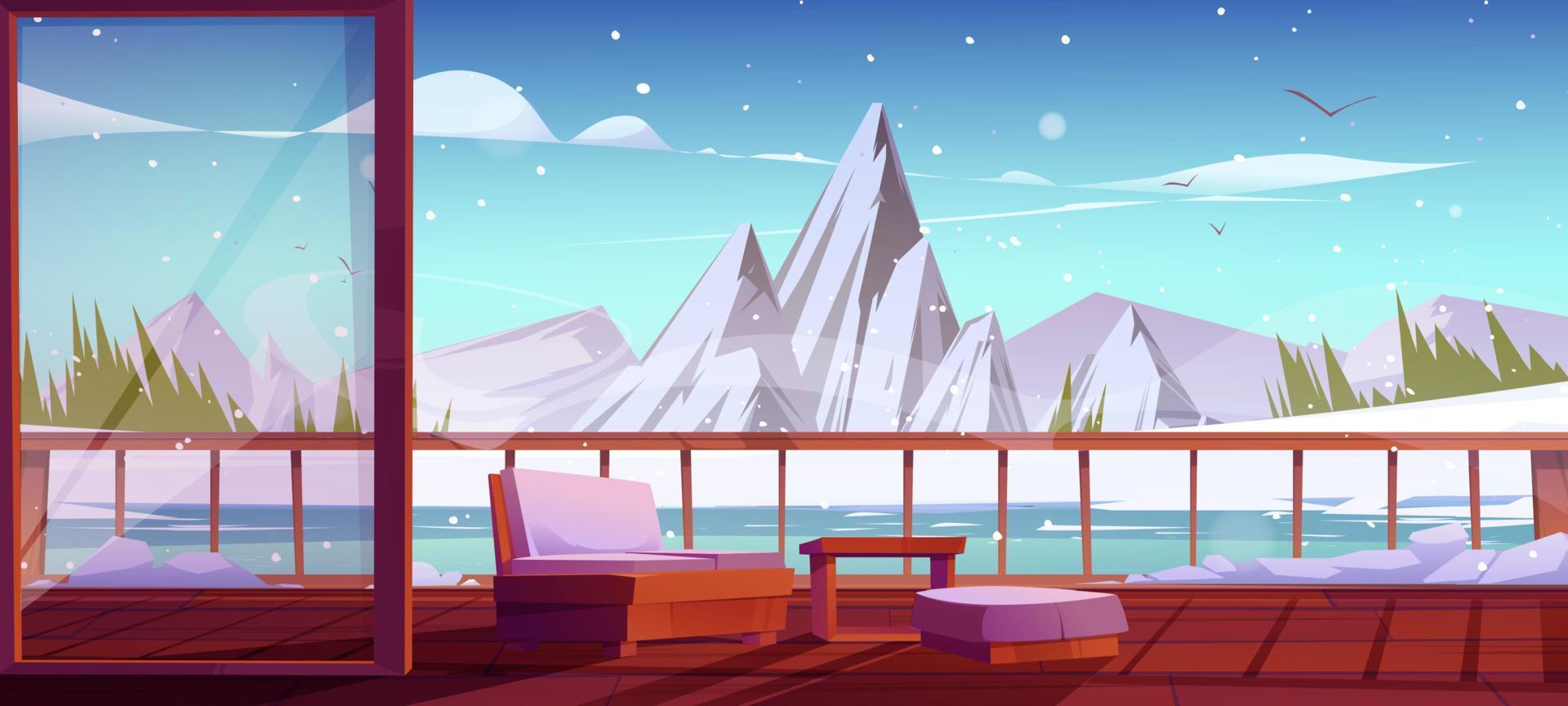 terraza de madera montaña de invierno y lago congelado vector