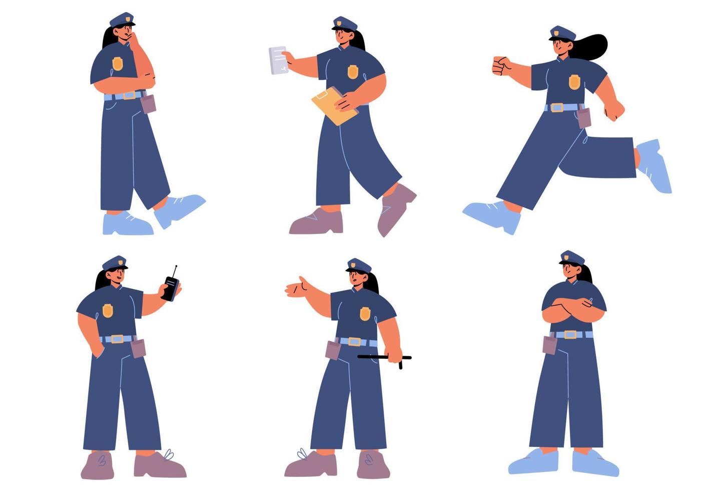 Set of police woman officer, female cop at work vector