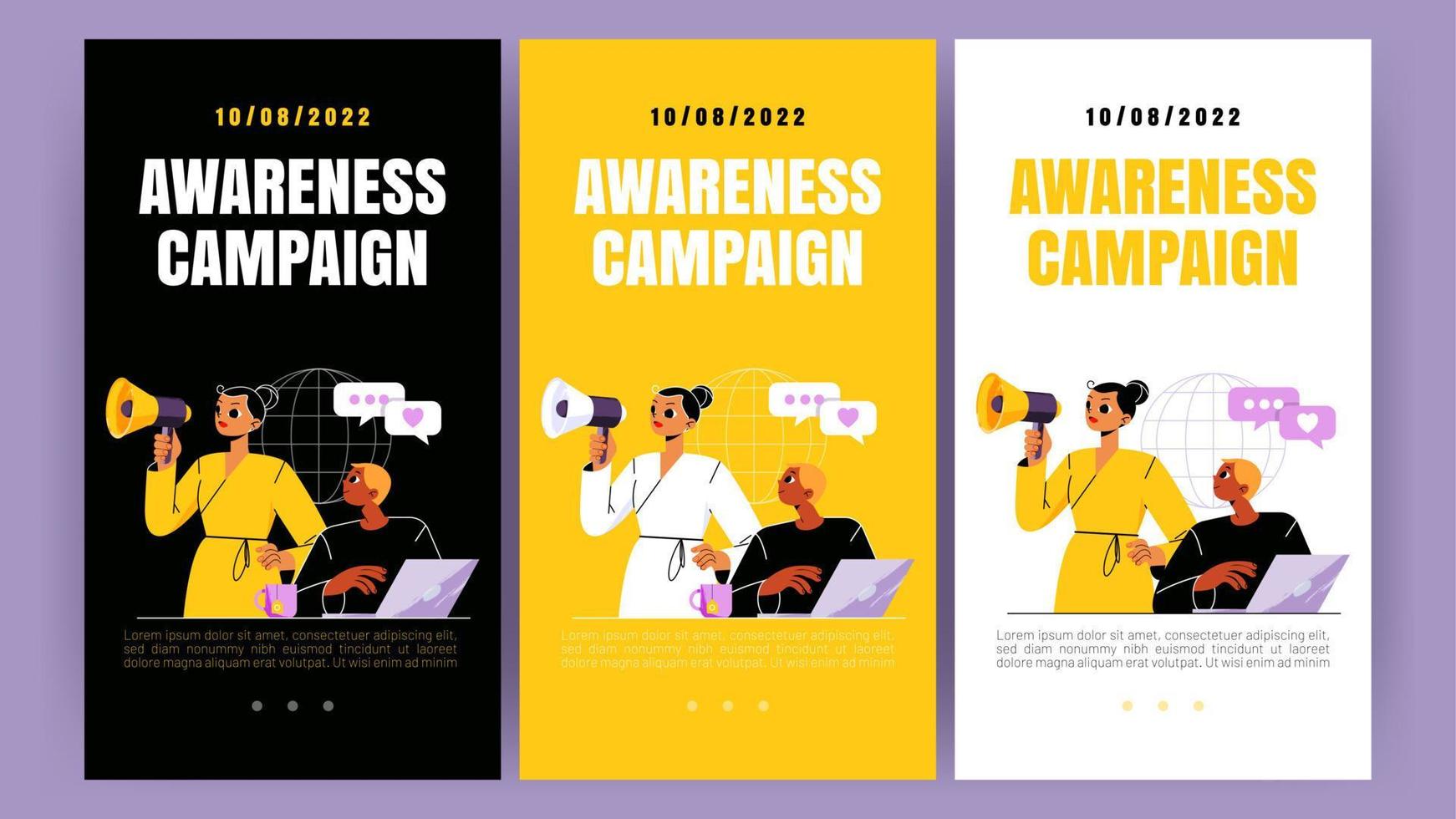 Awareness campaign mobile page onboard screens vector