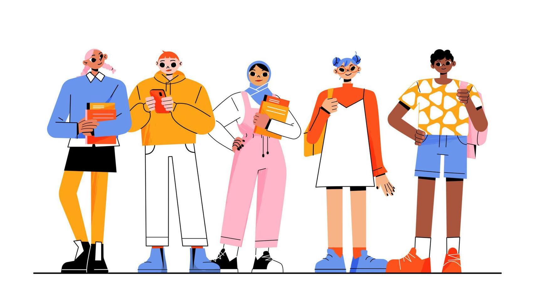 Group of students, multicultural girls and boys vector