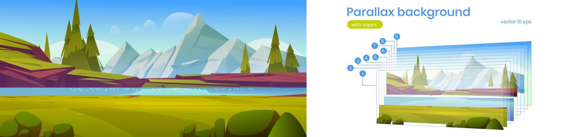 Parallax background with mountain valley and river vector