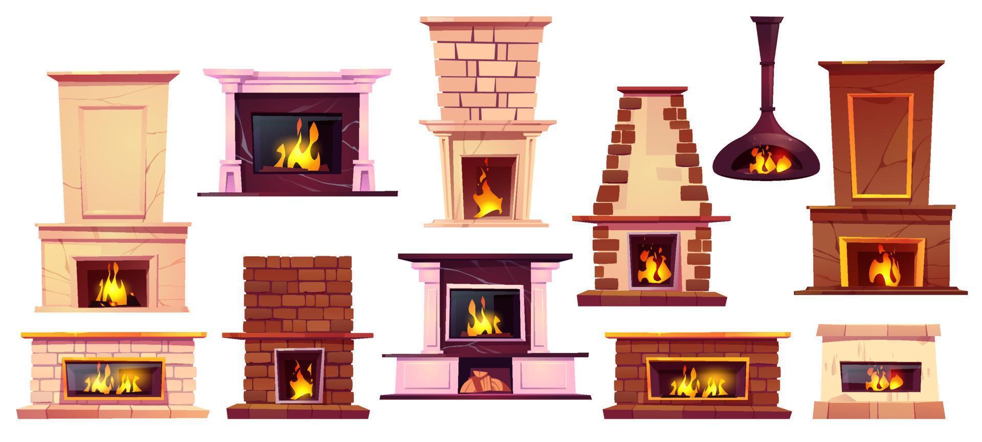 diferentes chimeneas con fuego ardiente vector