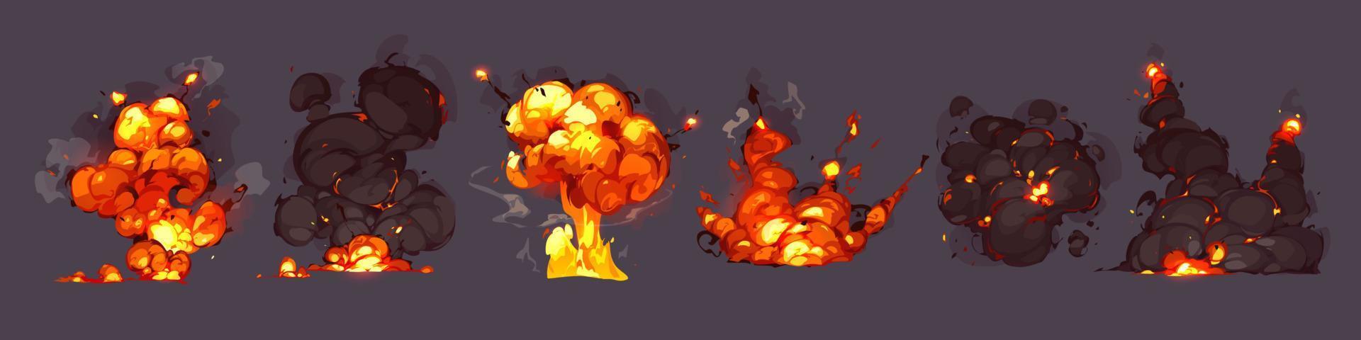 Bomb explosions, blasts with fire and smoke clouds vector