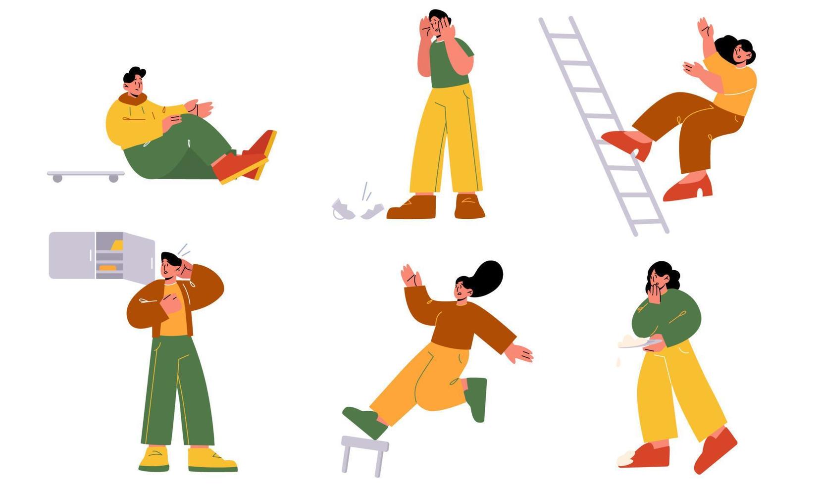 Clumsy people fall from ladder, stool, fail vector