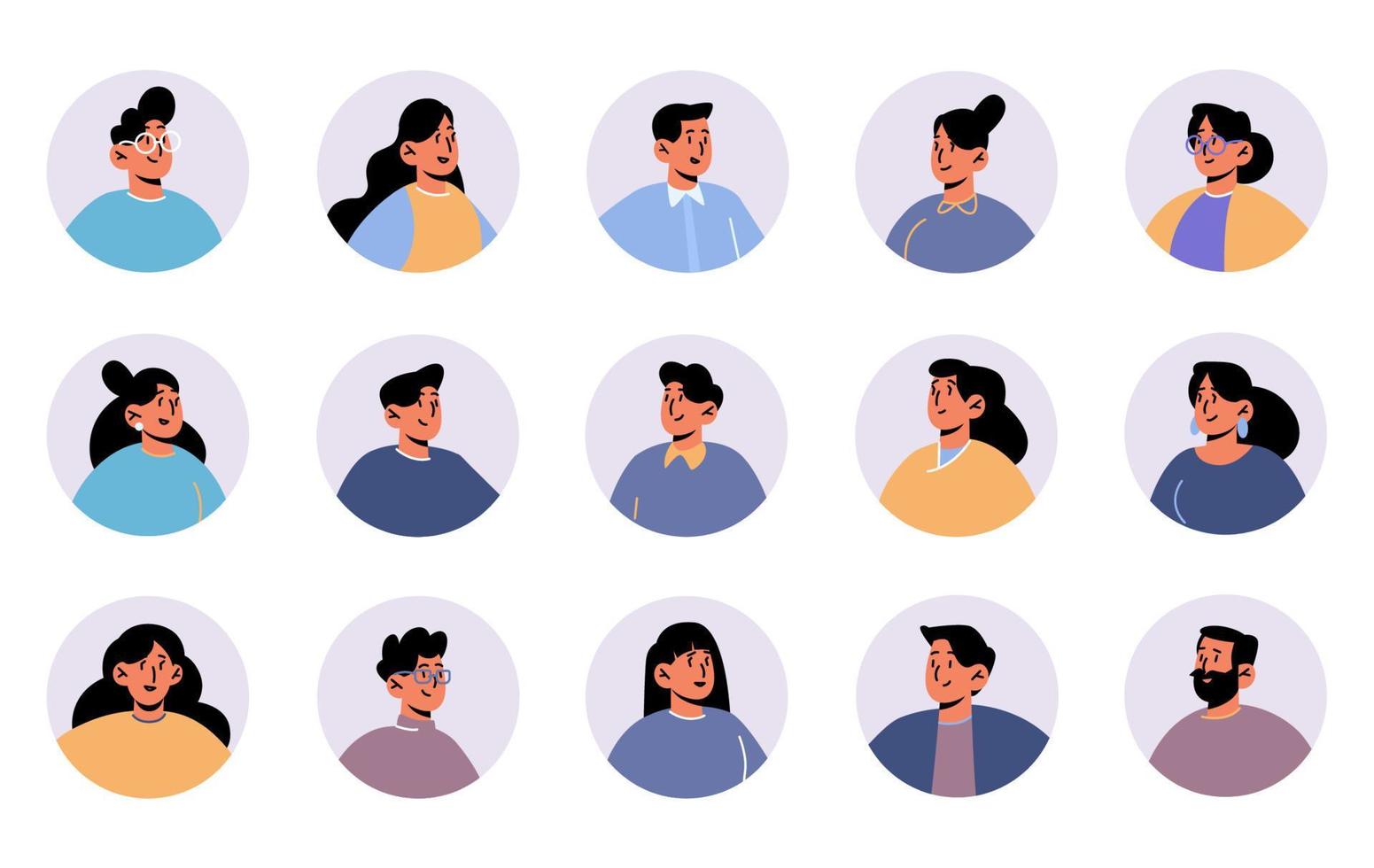 People avatars, round icons with faces portraits vector